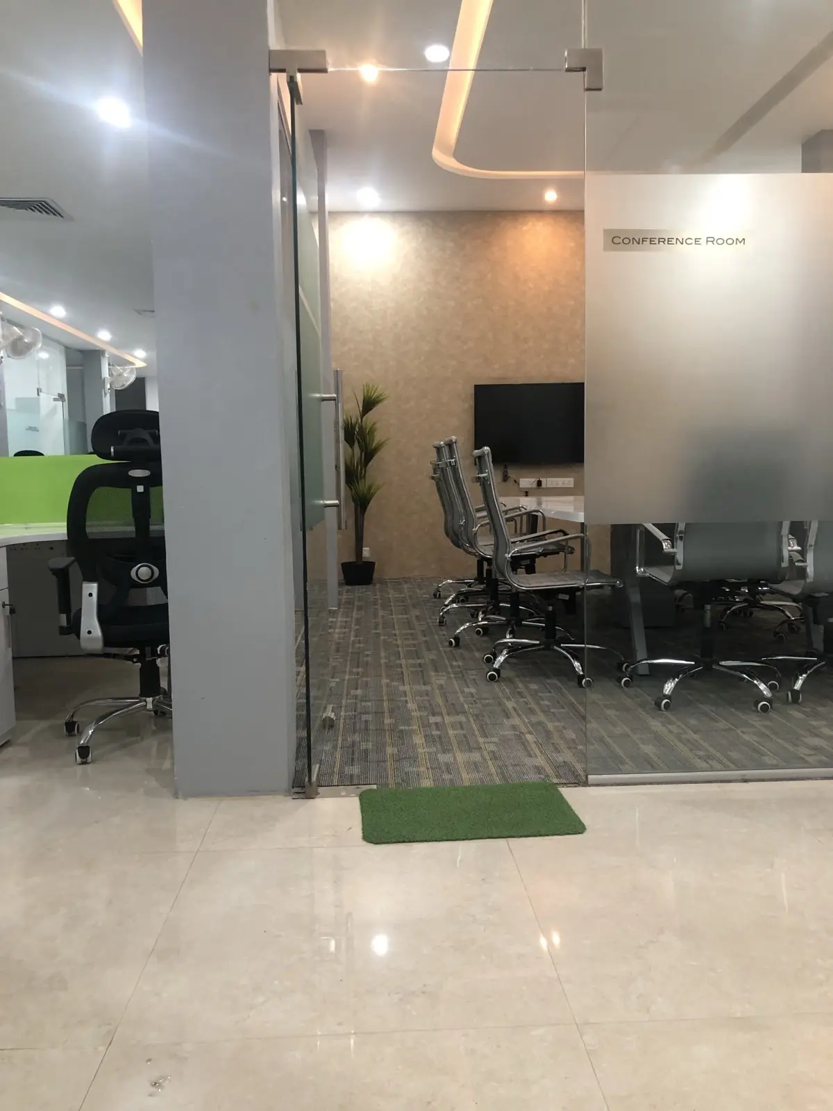 Conference room with brick accent wall