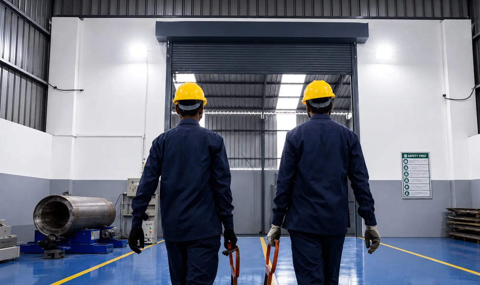 Workers entering factory workshop bay